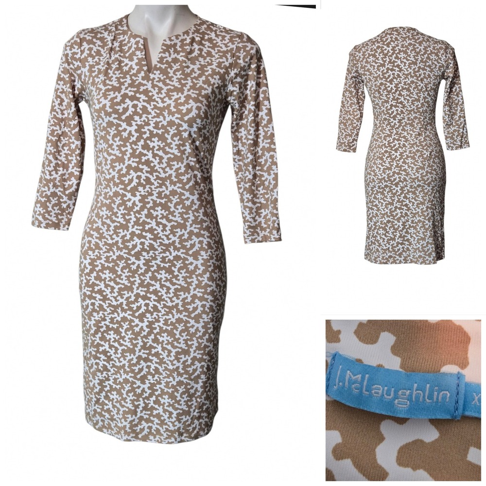 J.McLaughlin Tan White Coral Print V-Neck Sheath Dress XS 3/4 Sleeve